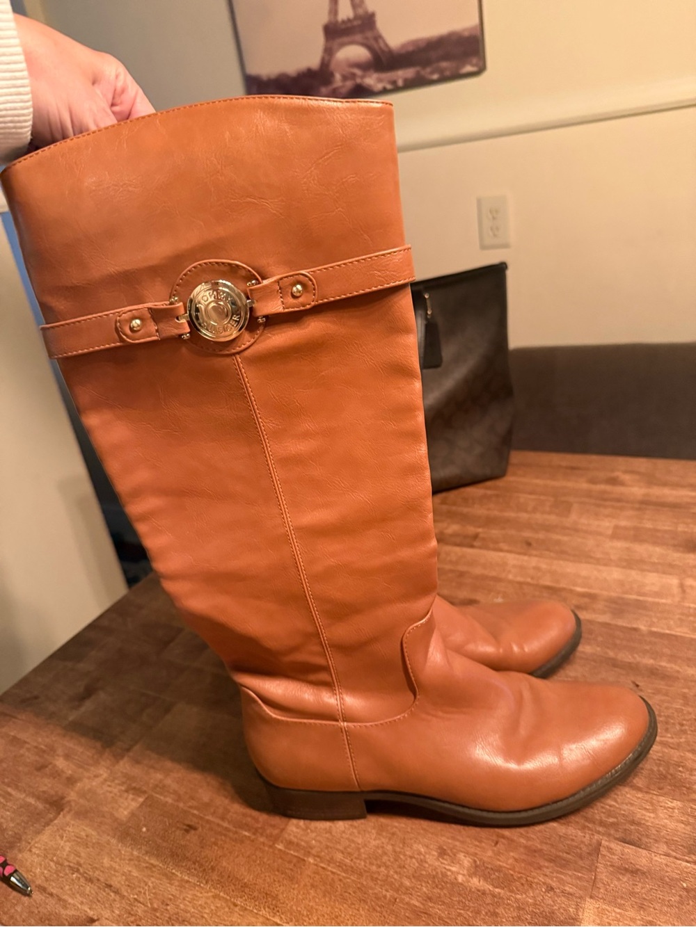 Tommy Hilfiger Cognac Over-the-Knee Leather Boots with Gold Emblem